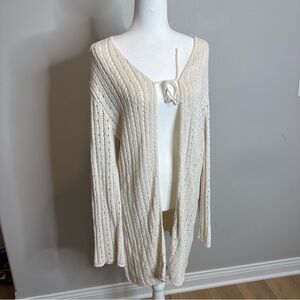 Vintage 90s Y2K Cream Crochet Open Knit Tie Front Cardigan Duster Cover Up XL